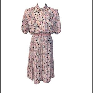 80s Leslie Fay Pink Floral Pleated Dress